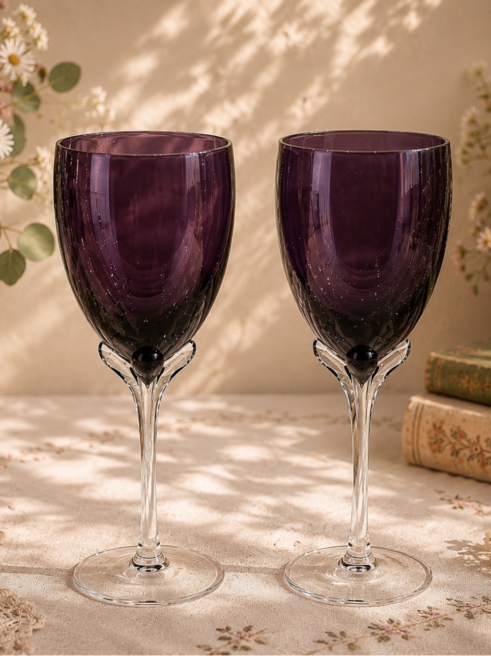 Pair (2) Murano Hand Blown Amethyst Tulip Crystal Wine Glasses | 9.5” H | EUC